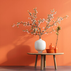 Blooming branches in vase on table in living room with orange wall isolated on white background, studio photography, png
