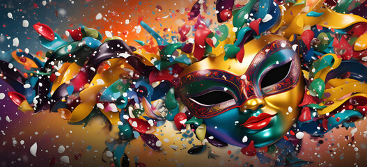 brazilian carnival mask, background, confetti, streamers and glitter