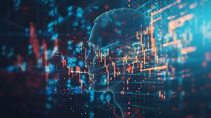 Obraz premium Digital representation of a human brain with dynamic data points and circuits suggesting advanced technology or artificial intelligence concept.