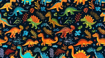 Colorful pattern with various dinosaurs and foliage on a dark background for playful designs