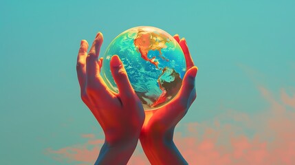Gentle hands cradling a vibrant Earth against a pastel-gradient background evoking environmental care and global unity 