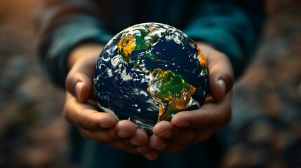 A pair of hands gently cradling a realistic miniature globe against a blurred natural background.  - Powered by Adobe