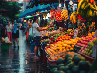 A vibrant street market scene showcasing colorful fresh fruits and vegetables under blue canopies, with shoppers engaging in evening purchases, perfect for capturing the essence of urban life.