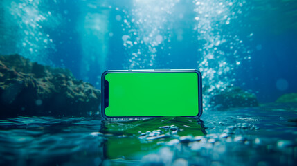 Mobile smartphone in blue water with greenscreen on beautiful background