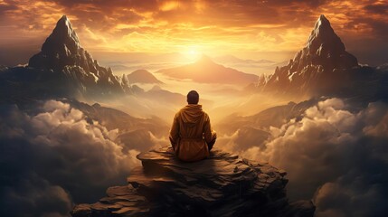 A person sitting cross-legged on a mountain peak at sunrise