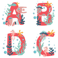 Coral capital letters A, B, C, D, decorated with algae, corals and inhabitants of the underwater world. Vector image of alphabet and deep sea elements.