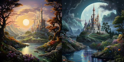 Illustration of whimsical castles nestled within lush, magical forests and colorful flora