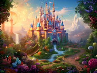 Illustration of whimsical castles nestled within lush, magical forests and colorful flora