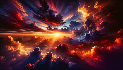 The sky transforms into a canvas of oranges, reds, and purples during a dramatic sunset. Sunlight pierces through dark clouds, casting a warm glow over the tranquil landscape.






