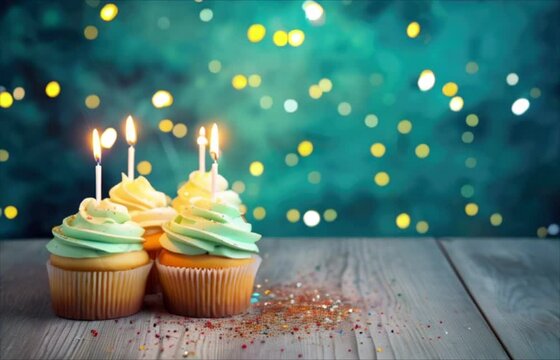 Cupcakes with burning candles. Beautiful lights at background. Happy birthday. Party, holiday mood