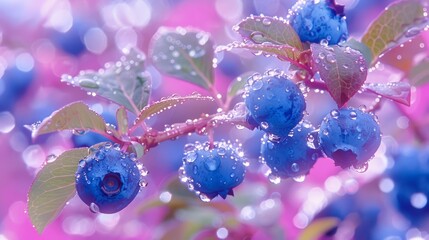  A tight shot of blue berries on a tree branch, adorned with water droplets on both leaves and branch Green foliage intermingles with the blue berries against