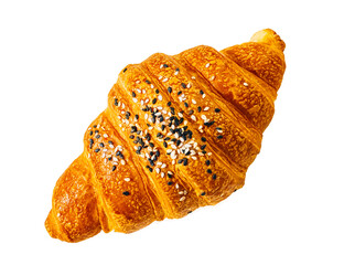 Closeup of a fresh baked croissant with sesame topping on a white background