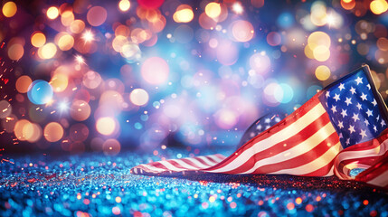 U.S. Flag on Bokeh Background, American Holiday Card, copy space