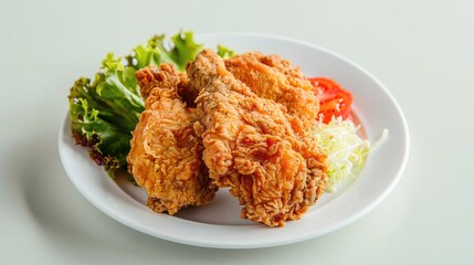 Crispy fried chicken on the plate in white table and yellew background