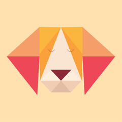 Cute dog head origami, with big ears, friendly and sleepy. Created with vector, to simulate folded paper. Childish, minimalist and colorful.