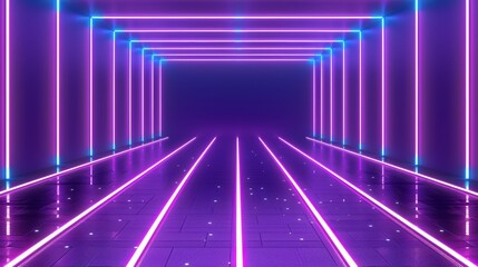 A tunnel illuminated by neon lights on its sides The center of the tunnel houses a purple light at its end