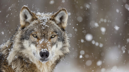 Obraz premium Close up portrait of a Gray wolf Canis lupus with snow on it s nose and snowflakes on it s fur Ely, Minnesota, United States of America 