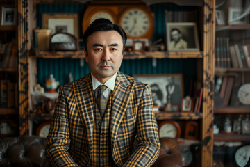 Fototapeta premium Attractive Man in Retro Plaid Suit with Black Hair: Vintage Office Background with Nostalgic Feel