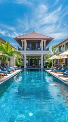 Fototapeta premium Luxurious two-story villa featuring large blue pool and sun loungers under umbrellas. Luxury villa with swimming pool