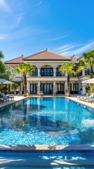 Opulent two-story villa with spacious blue pool, surrounded by sun loungers and parasols. Luxury villa with swimming pool