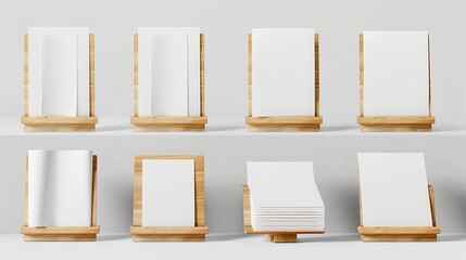 A vector set of realistic 3D blank A4 vertical paper sheets and cards on wooden holders, including stand icons, designed as templates for mockups, menus, and booklets