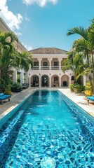 Majestic villa with large central swimming pool, exotic plants, and relaxation spaces. Luxury villa with swimming pool