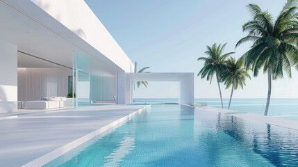 Fototapeta premium Luxurious white villa with indoor-outdoor pool and palm trees. Luxury villa with swimming pool