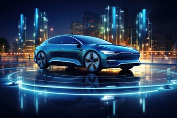 Futuristic electric car 3d illustration. Modern Electric Vehicle with neon lights. Electric Vehicle. Futuristic electric car. Electric cars of the future, 3d illustration.	
