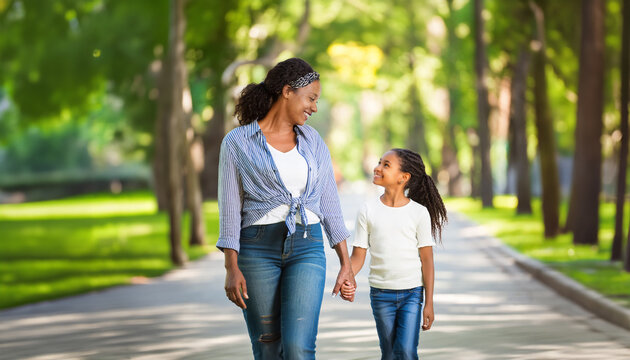 Attractive, young, black mother walking hand in hand with her little daughter in the park in summer, smiling. Togetherness and motherhood concept.