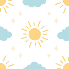 Minimalist abstract seamless pattern with clouds, sun and stars. Seamless pattern for wallpaper, textile, fabric, wrapping paper. Vector illustration in flat style
