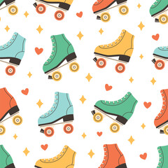 Seamless pattern with cute roller skates in 80s 90s style. Disco style. Vector illustration in flat style