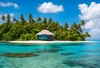 Island with hut and palms on ocean. Tropical destination.