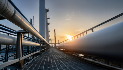 Pipelines leading to an oil refinery at sunset. Low angle view.