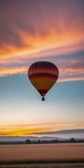 Obraz premium Hot air balloon ride in the sky above landscape at sunrise or sunset. Tourism, travel attraction and adventure concept. Generated AI