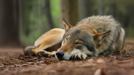 Gray wolf, sleeping in the woods. Wolf sleeping in the forest in autumn, resting in the afternoon.