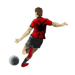 Albania soccer player kicking ball with eagle in back