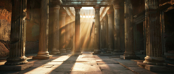 Inside of ancient greek temple, interiors illuminated by natural light with beautiful carved columns