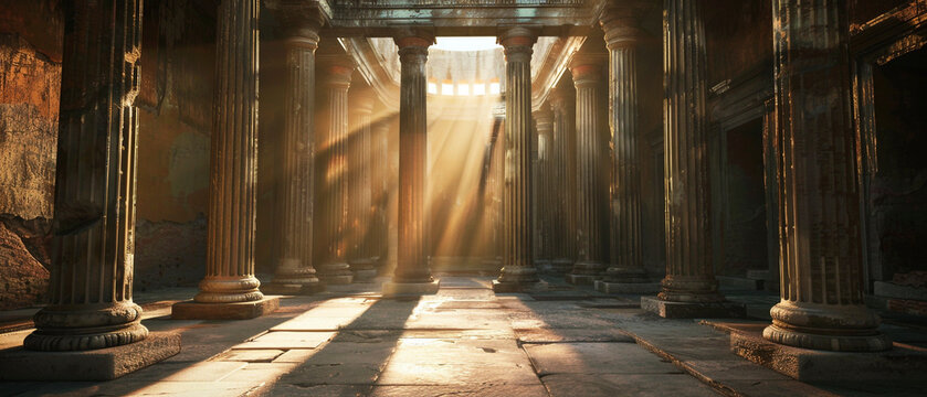 Inside of ancient greek temple, interiors illuminated by natural light with beautiful carved columns