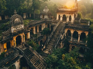 A crumbling palace nestled amidst lush greenery, its once-grand halls now home to nesting birds and creeping vines. As the sun sets, the palace walls glow with the warm hues of evening, 