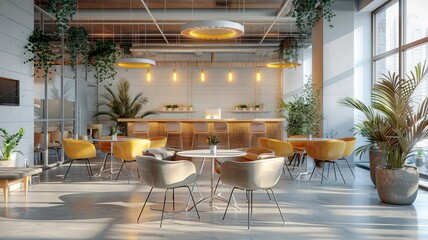 Luxurious coworking space dining area, modern payment system, no people, clear and detailed decor