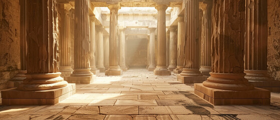 Inside of ancient greek temple, interiors illuminated by natural light with beautiful carved columns