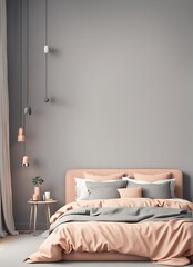 Bedroom in Pastel Tone Peach Fuzz Color Trend 2024 with Gray Wall for Art, Modern Premium Cozy Room Interior Home or Hotel Design with Apricot Crush Stylish Accents - 3D Render