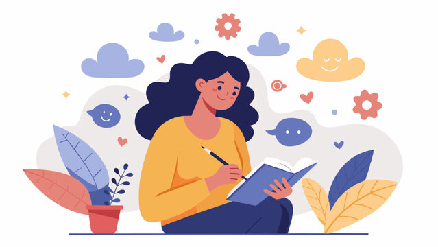 A woman journaling positive thoughts and accomplishments using selftalk to celebrate and build selfesteem.. Vector illustration