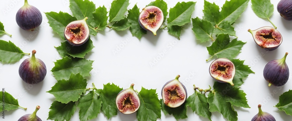 Wall mural Fresh figs with green leaves on white. Top view, copy space for text. - Wall murals