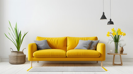 Modern interior of living room with sofa, armchair and daffodil flowers isolated on white background, photo, png
