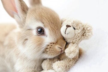Fototapeta premium Cute brown rabbit snuggles affectionately with a small teddy bear, both resting on a soft white surface, creating a heartwarming image of friendship and comfort
