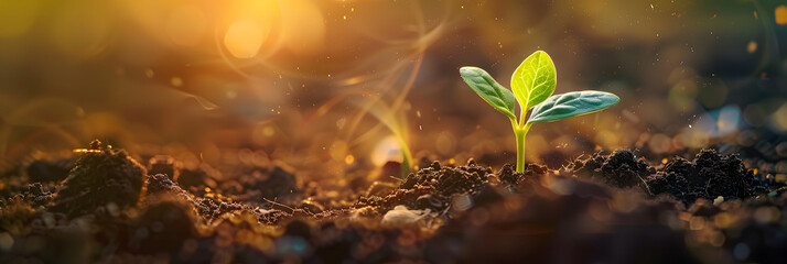 A seedling and plant are seen thriving in soil surrounded by open space to insert text or other elements. Creative banner. Copyspace image - Powered by Adobe