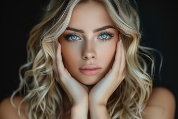 Fototapeta premium Blonde Woman with Hands on Face. Generative AI.
