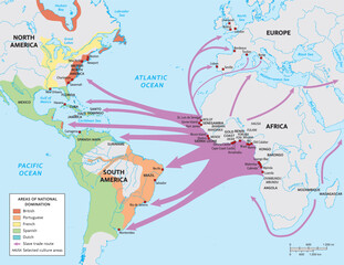 African slave trade map in years 1500 – 1870. Black History educational map.