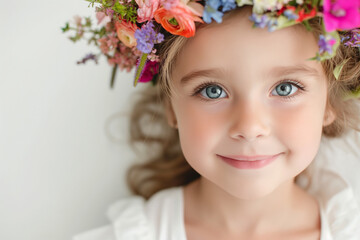 Close-up portrait of a charming young girl with a vibrant floral crown, showcasing her sparkling eyes and joyful expression against a soft, light background